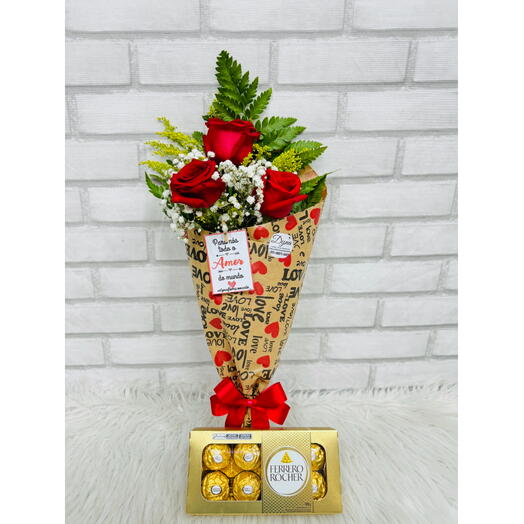 Ramalhete com 3 Rosas Vermelhas e Ferrero Rocher