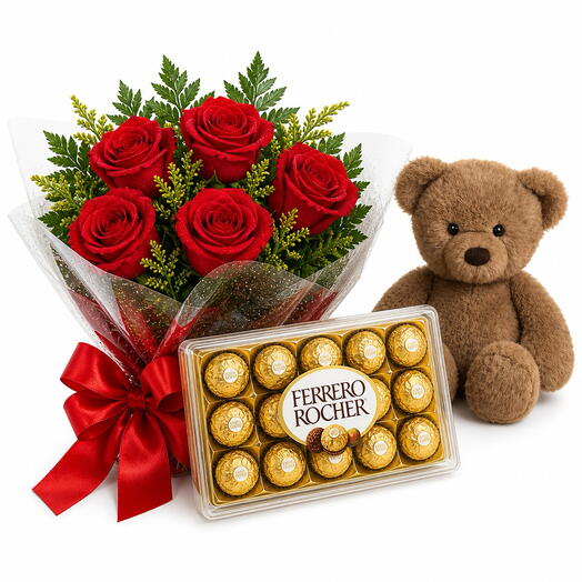 Buquê 6 rosas vermelhas com chocolate e urso