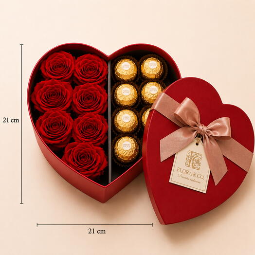 Caixa Coração com 8 Rosas e 8 Ferrero Rocher