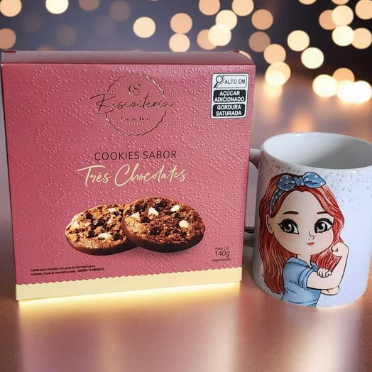 Kit Com Caneca Personalizada + Cookies 3 Chocolates Cacau Show