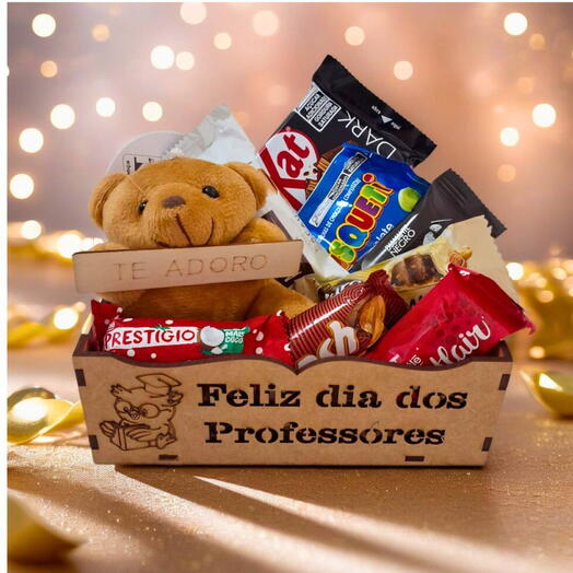 Cesta "Feliz Dia Dos Professores" com mini Pelucia "Te Adoro" e Chocolates
