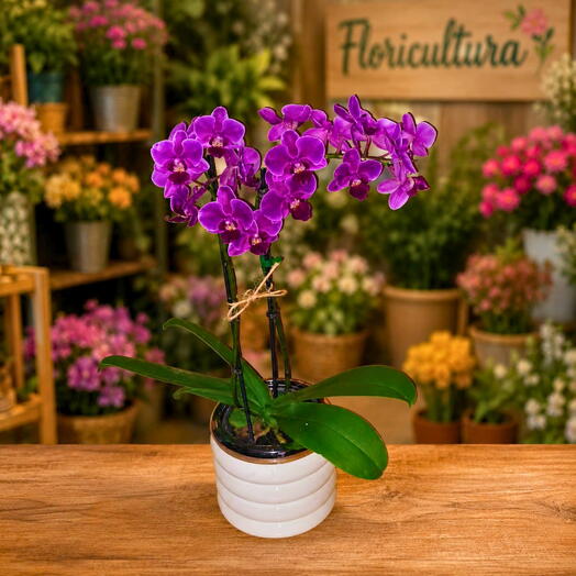Mini orquidea Phalaenopsis no vaso de resina