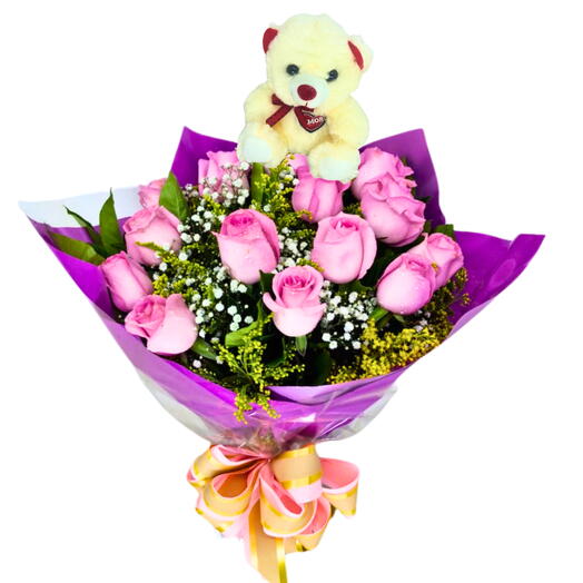 Buquê 12 Rosas Elegância   Urso