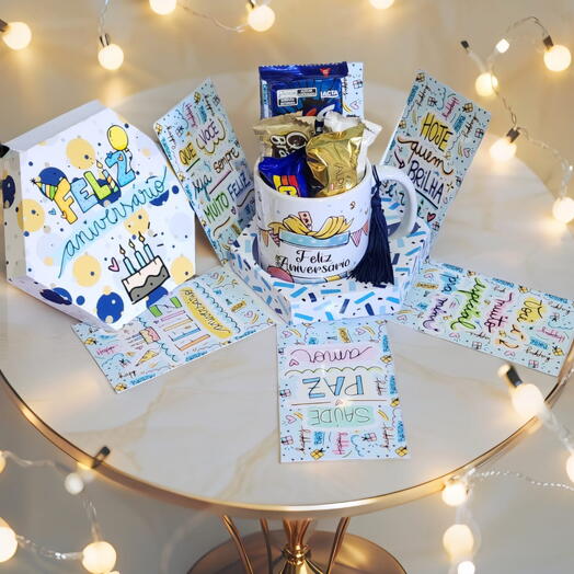 Feliz Aniversario Azul - Caneca Personalizada na Caixa Explosão