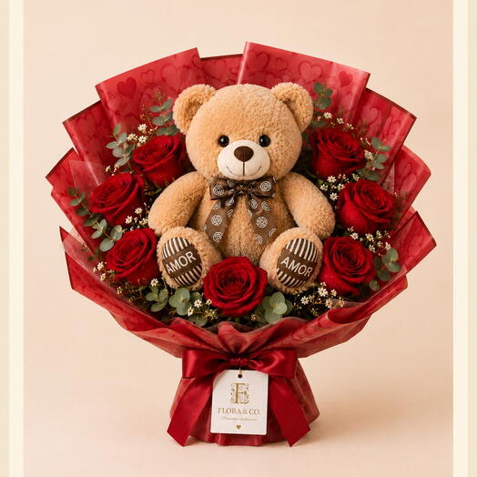 Buquê Romantico 8 Rosas e Pelucia
