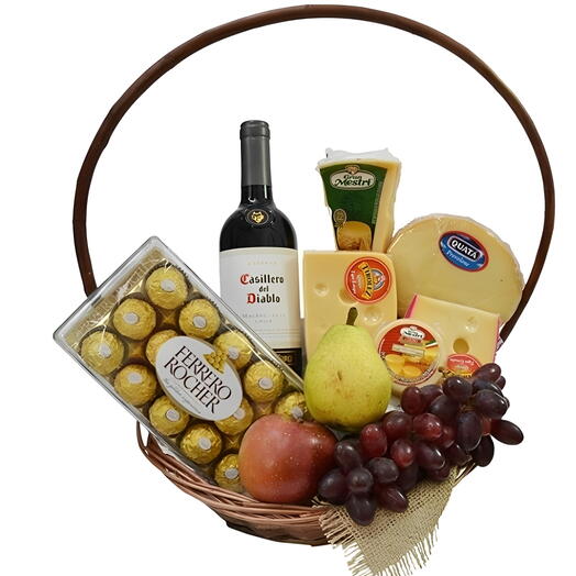 Cesta de Queijos com Vinho, Frutas e Chocolates