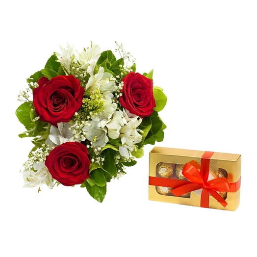 Kit Buquê de 3 Rosas Completo + Ferrero de 8 Unidades