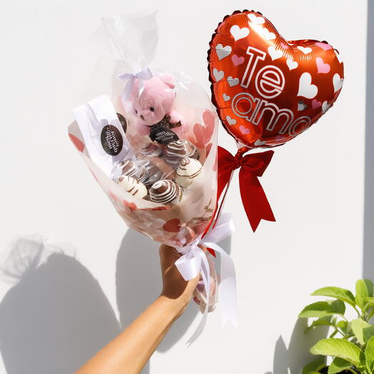 Dia das Mães - Buquê de chocolate com morangos Alegria + kit