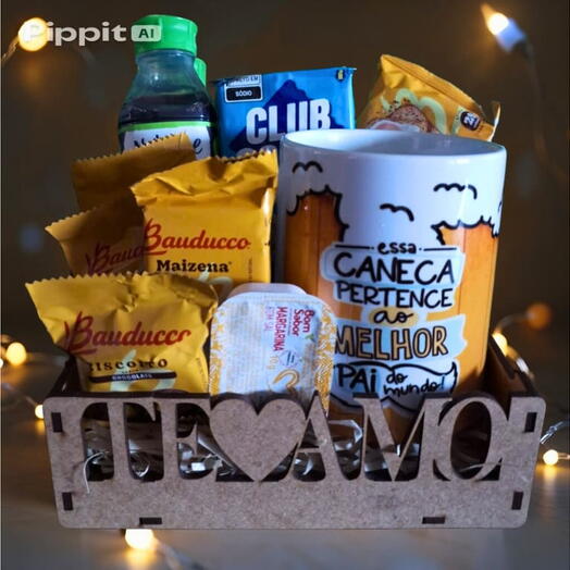 Cesta Para Pai "Te Amo" Mini Encanto - Cafe da Manhã e Tarde com Caneca Pai - Arte de Cerveja "Melhor Pai do Mundo"