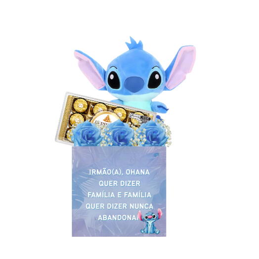 Kit Cesta Irmão(a) com Stitch + Trio de Rosas Azuis e Ferrero Rocher