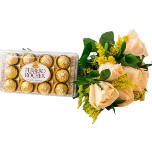 Buquê 6 Rosas Champagne+Ferrero 12