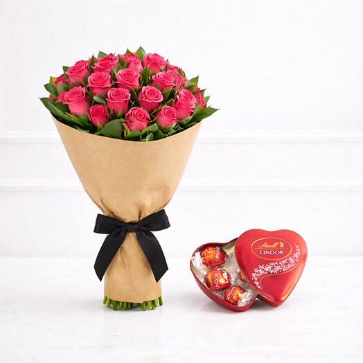 Buquê de 20 Rosas Pink com Chocolate Lindt Lindor Coração | La Floricultura