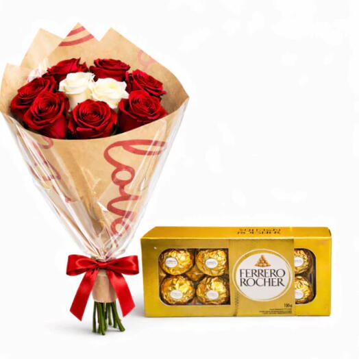 Buquê de 7 Rosas Vermelhas e 2 Brancas + Ferrero Rocher 8 unidades