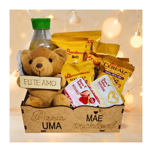 Cesta Cafe da Manhã Mini Encanto "Para Uma Mãe Incrivel" e Mini Urso "Eu Te Amo"