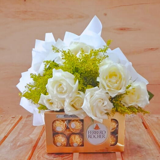 Bouquet Rosas Brancas com Bombons Ferrero Rocher