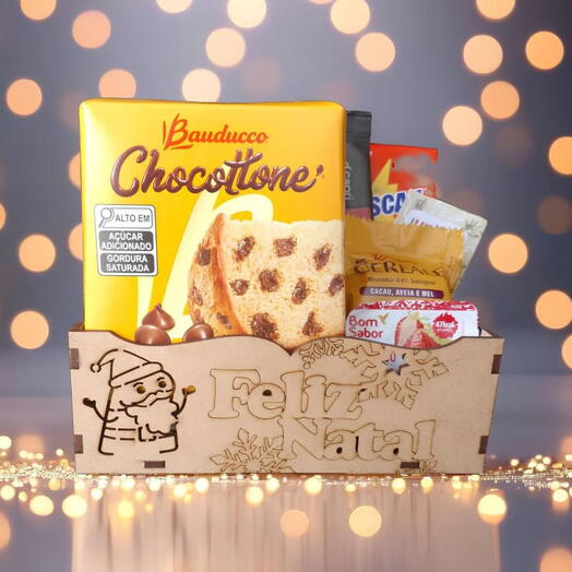 Cesta Natal "Flork Feliz Natal" com Chocottone para Cafe da Manhã e Tarde