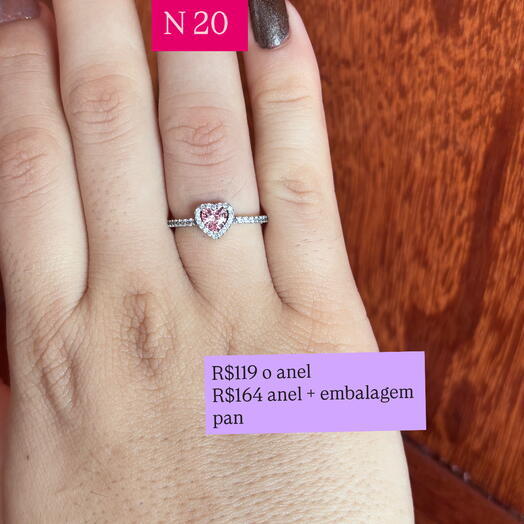 Anel coração rosa prata 925 legitima pan